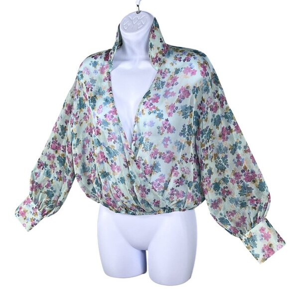 Zara NWT Womens S Floral Wrap Blouse Bell Sleeves Fairy Pastel Chiffon Crop Top - Picture 5 of 15